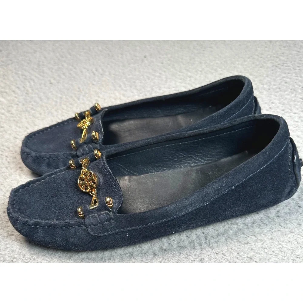 Tory Burch Driving Loafers Women's 7M Navy Suede Gold Logo Moccasin Flats